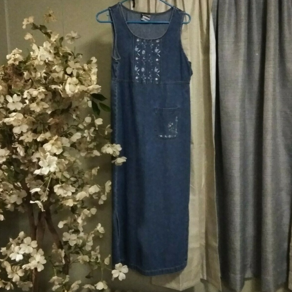 Retro 90's Denim Jumper Dress Size Small Floral